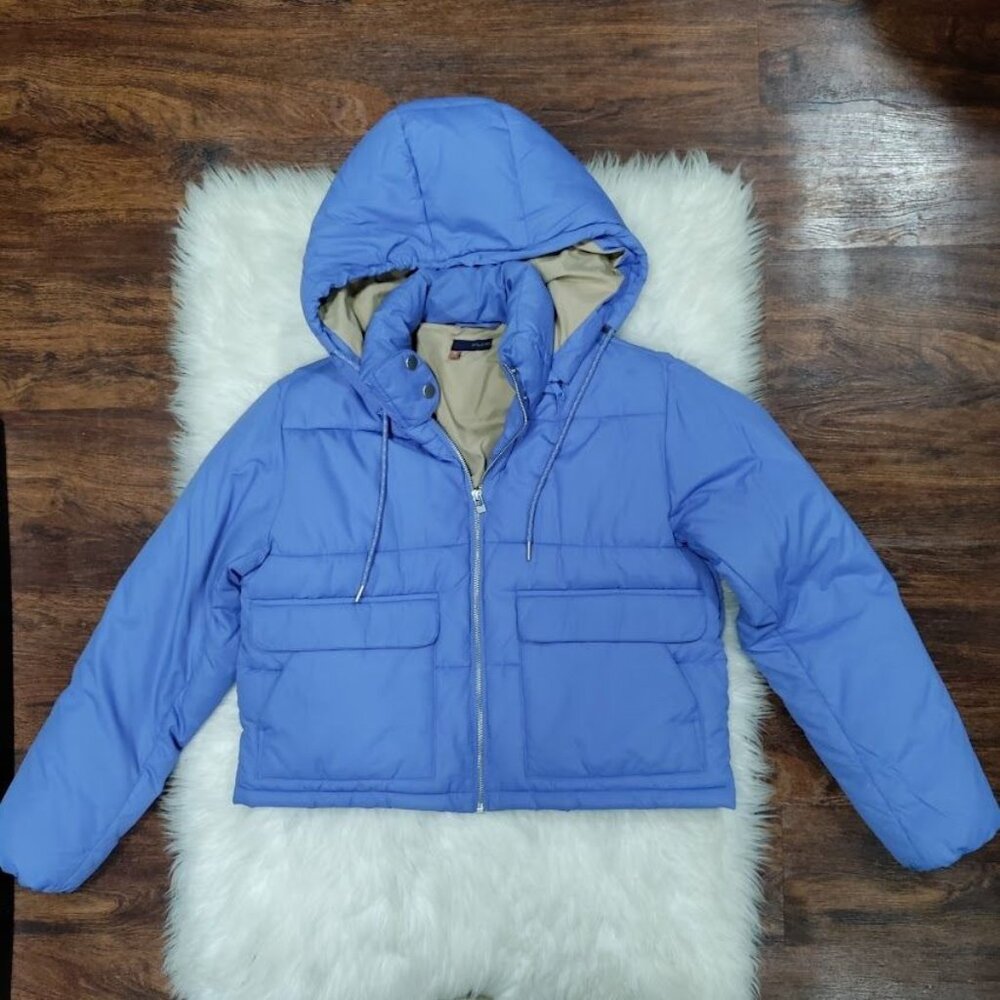Pilcro Cropped Colorblock Womens Size XS Full Zip Hooded Puffer Jacket Blue - Picture 2 of 13